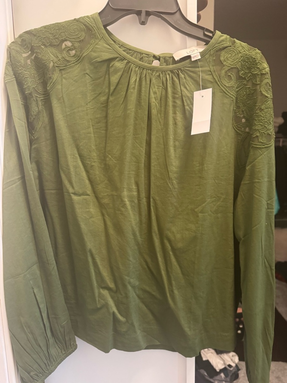 LOFT Olive Embroidered Shoulder Long-Sleeve Blouse